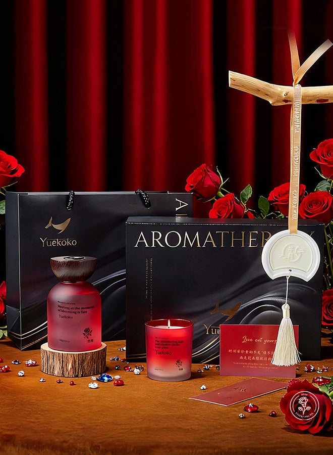 YUEKO Luxury Scented Candle Gift Set with Rose Oud Wood Diffuser, Arabian Rose Scented Candle & Hanging Stone Sachet Home Fragrance for Bedroom & Living Room - Image 1